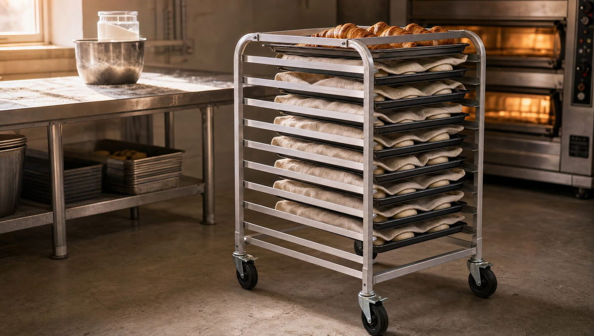 The rack loaded with proofing bread rolls in a bakery