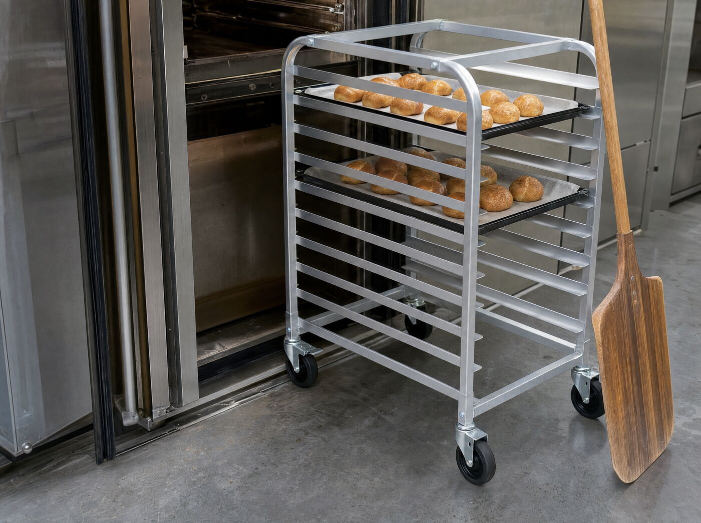The rack at an open oven door with trays of bread rolls
