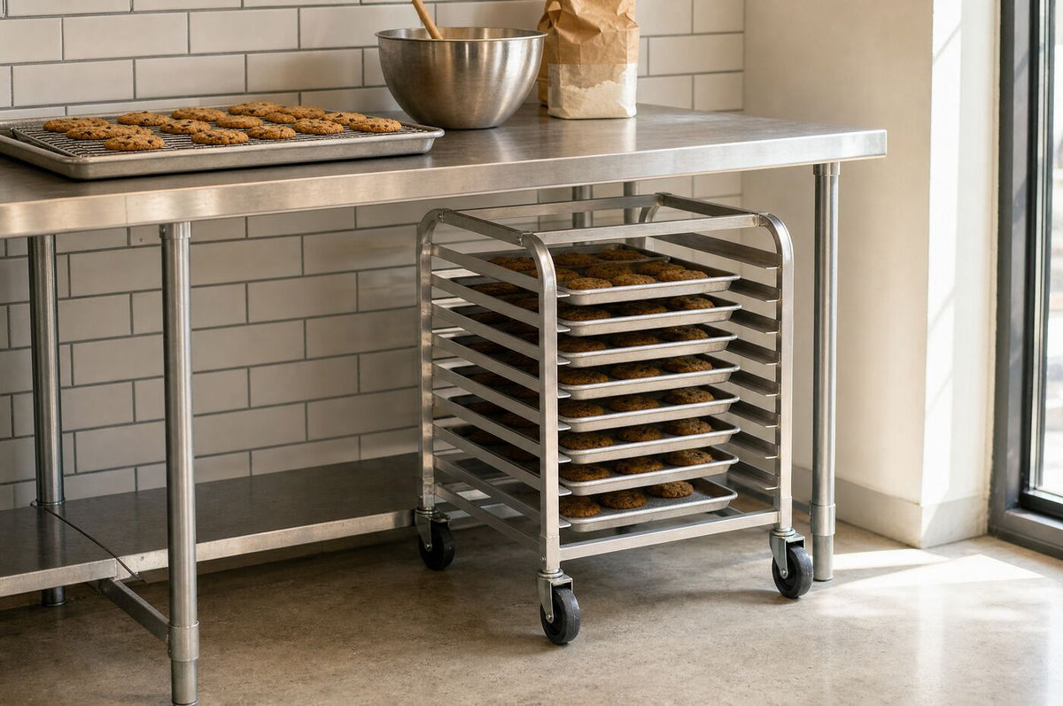 The rack parked under a cafe prep bench with cooling biscuits