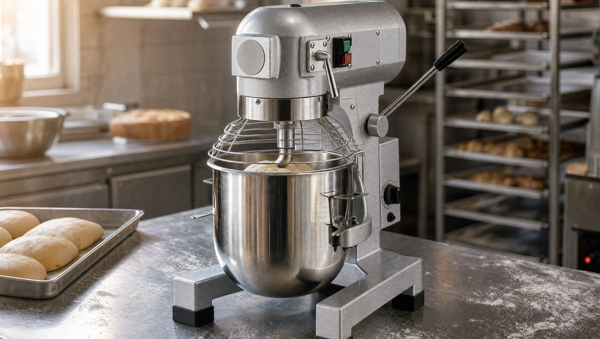 The mixer on a bakery bench at dawn with bread dough in the bowl