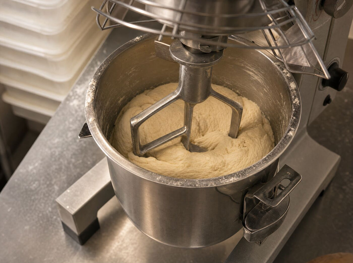 The bowl-lift lever and guard, with whipped cream in the bowl