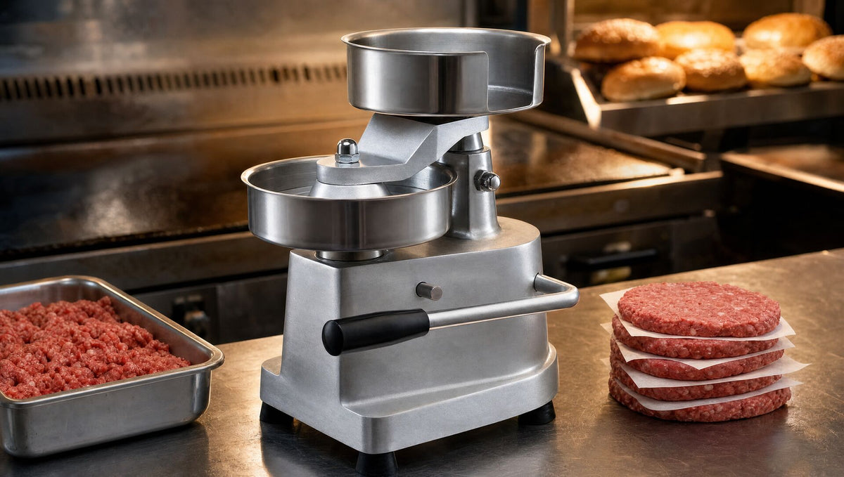 The patty press on a burger bar bench with a stack of pressed patties
