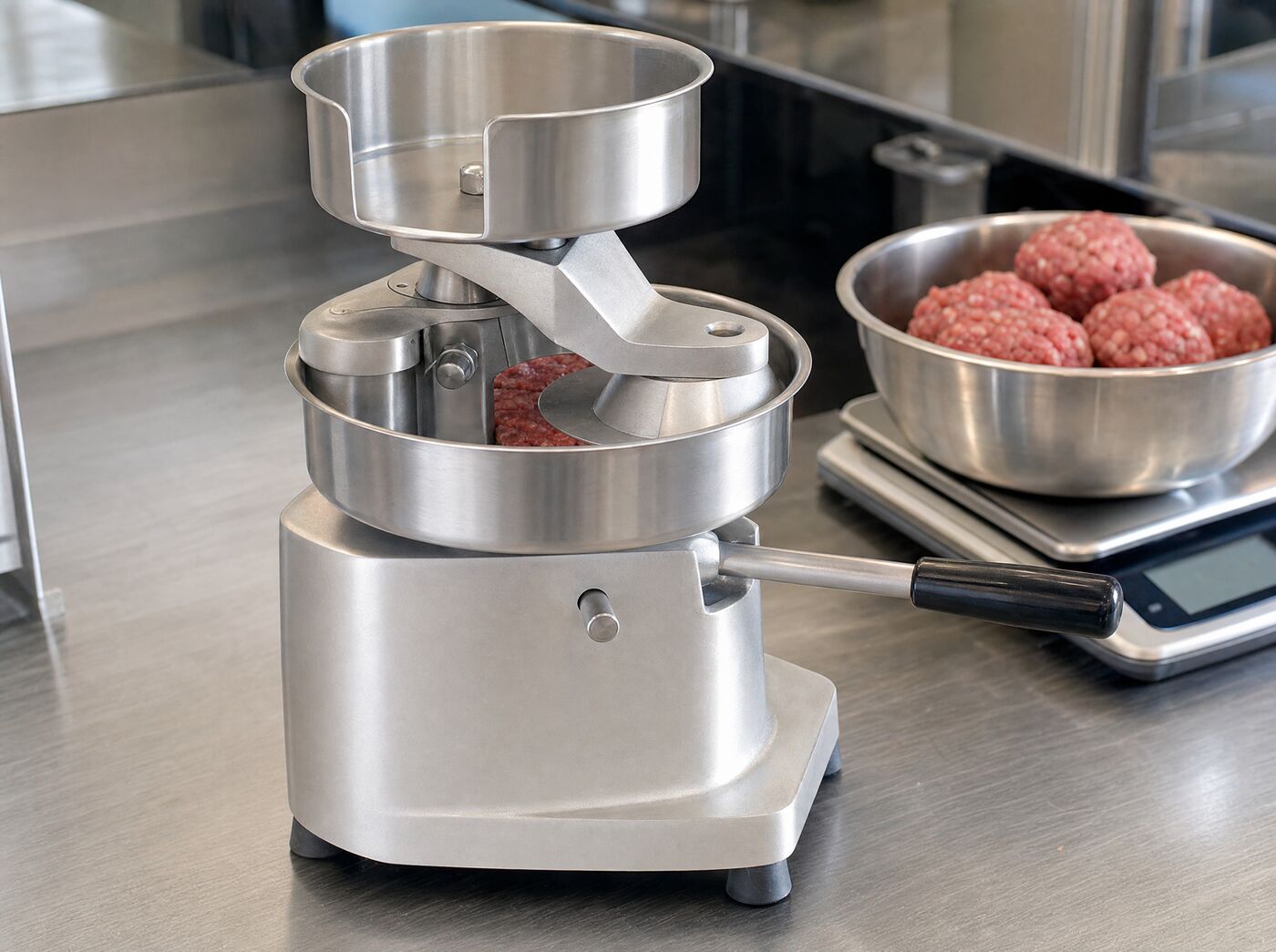 The press mid-pull with portions of mince on a scale beside it