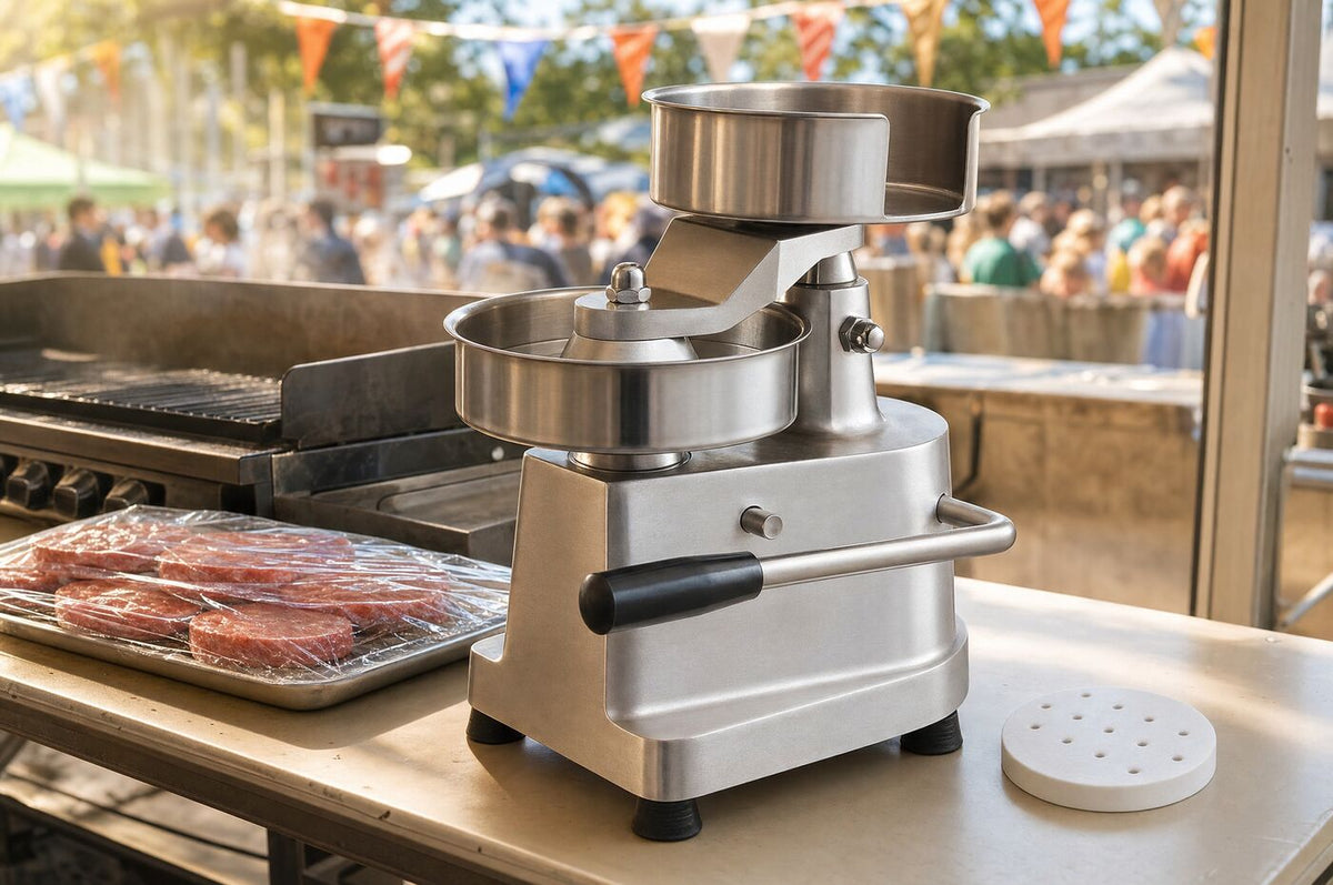 The press on a market stall table beside a portable grill