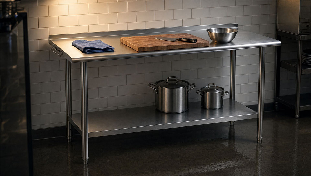 The bench in a restaurant kitchen with a board, knife and stockpots