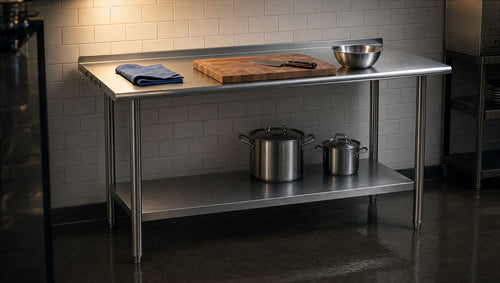 The bench in a restaurant kitchen with a board, knife and stockpots