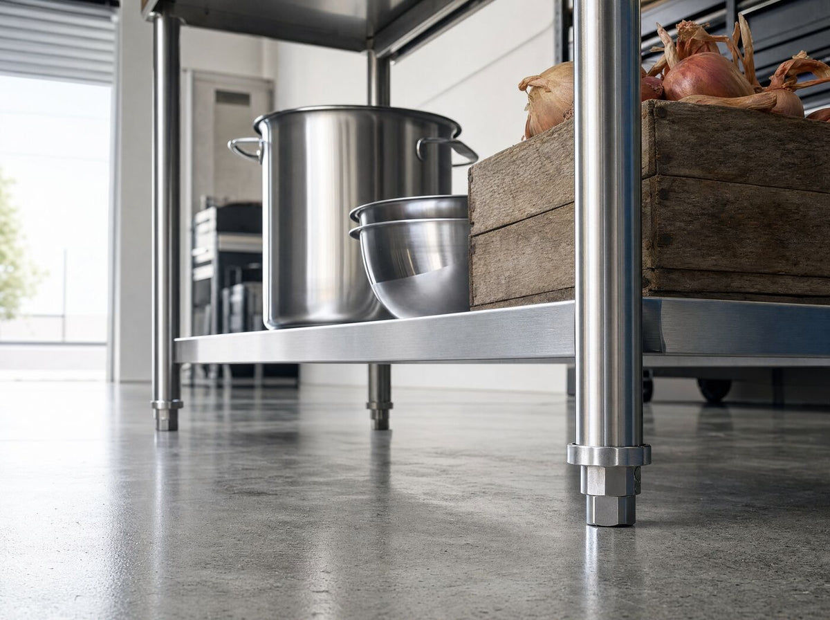 Low view along the lower shelf loaded with a stockpot and mixing bowls