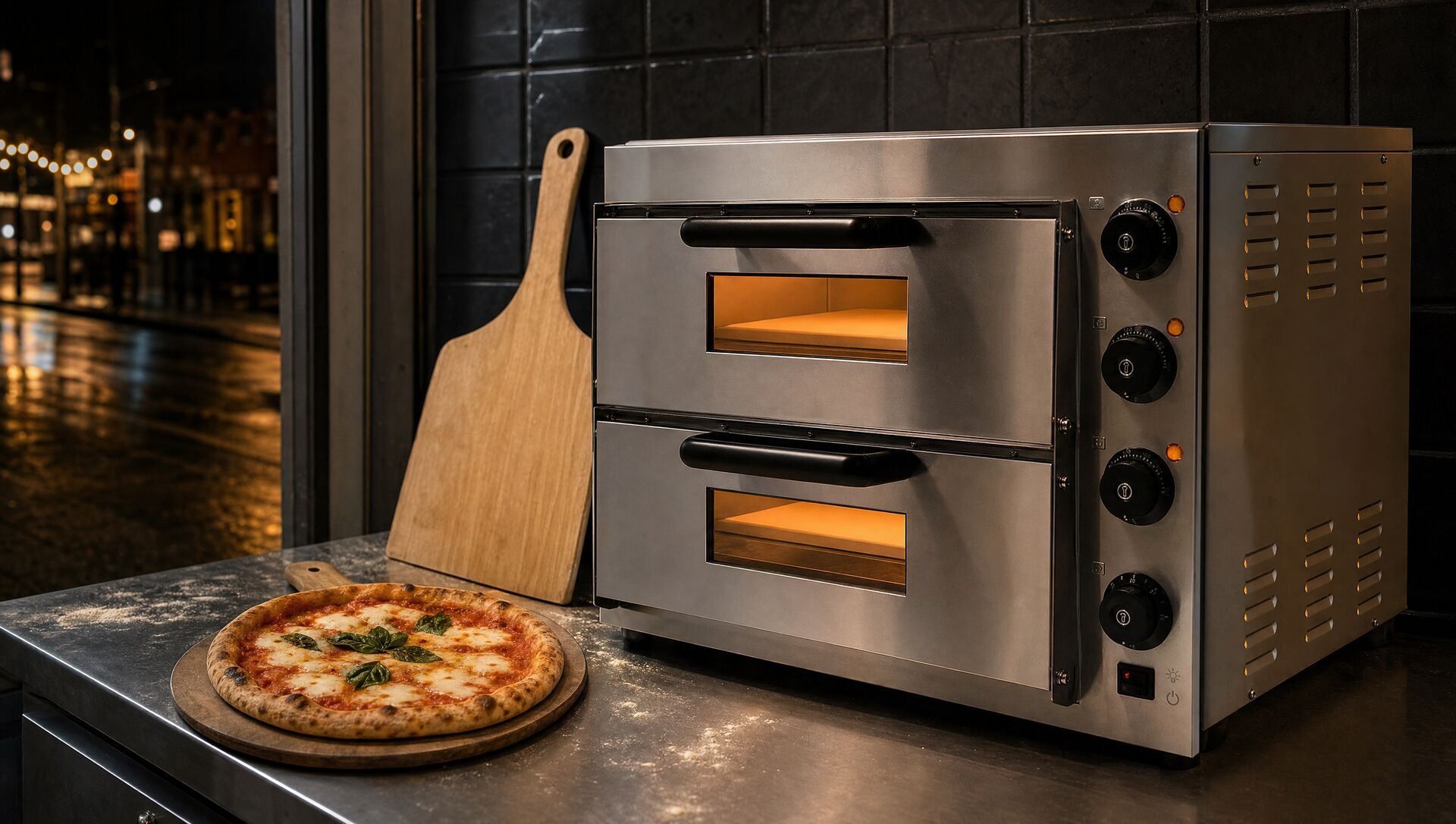 The pizza oven glowing on a pizzeria bench with a fresh margherita in front