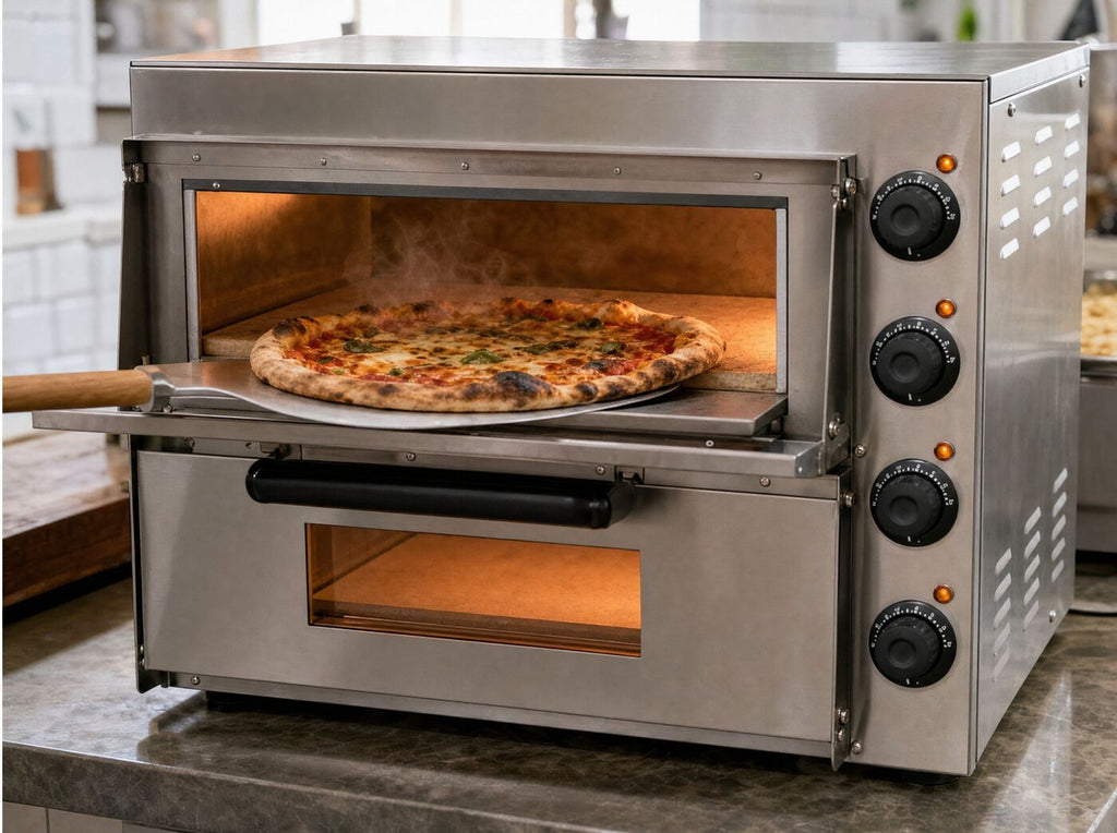 A pizza being drawn out of the top deck on a peel