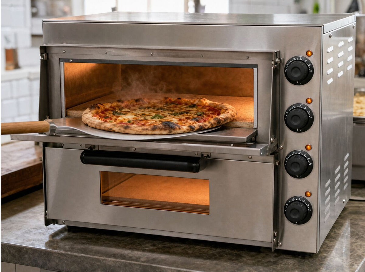 A pizza being drawn out of the top deck on a peel