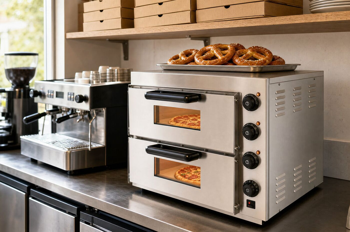 The oven in a cafe kitchen with a tray of pretzels resting on top