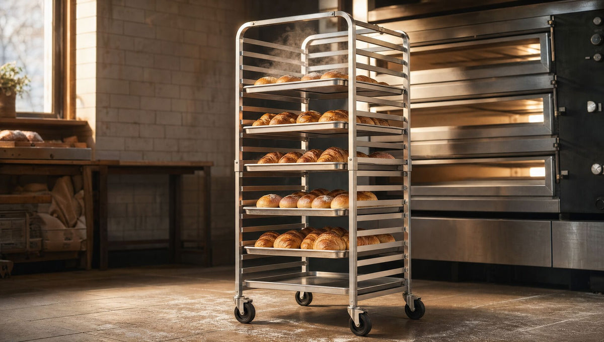 The rack in a bakery at dawn loaded with trays of fresh rolls and croissants