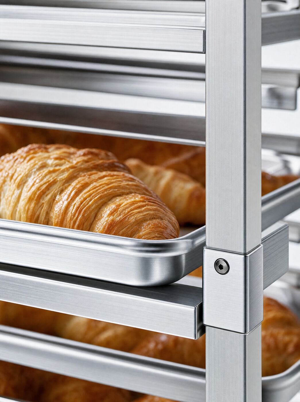 Close view of a rounded aluminium runner with a tray of croissants