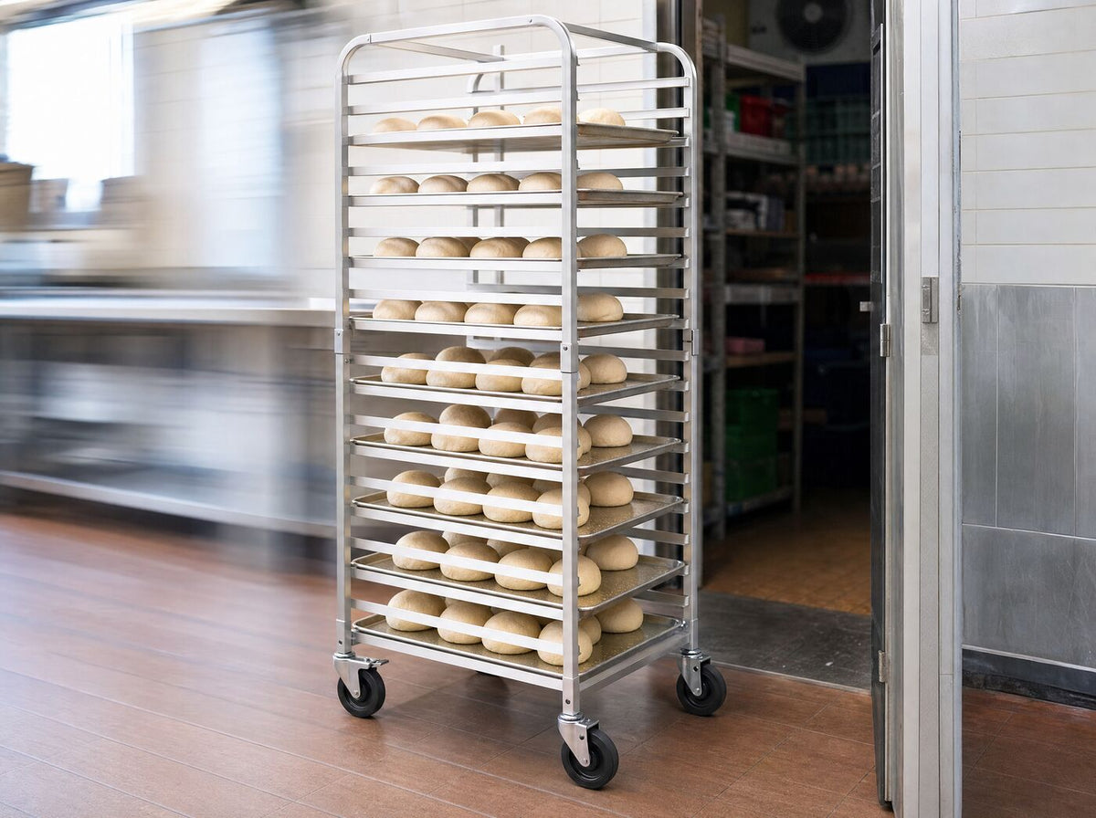 A baker wheeling the loaded rack across a kitchen floor