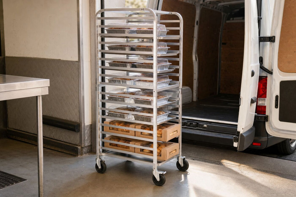 The rack loaded with catering trays beside a van in a loading bay