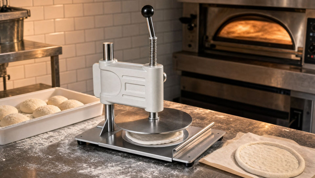 The dough press on a floured bench in a pizzeria with a freshly pressed base