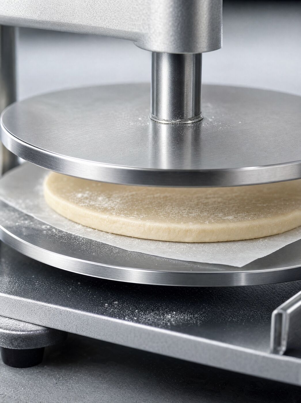 Close view of the polished platens with a pressed dough disc between them