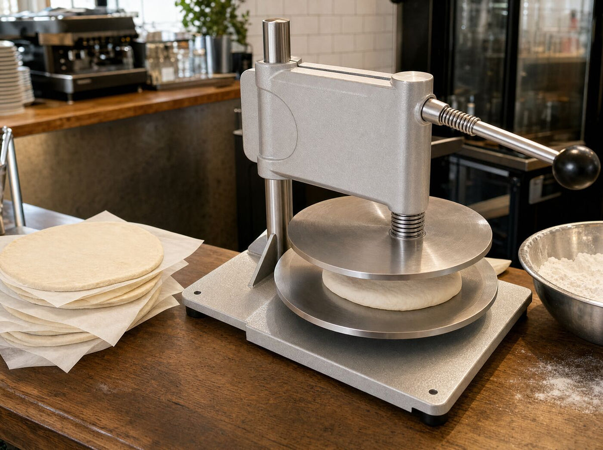 The press mid-pull with a stack of finished bases beside it