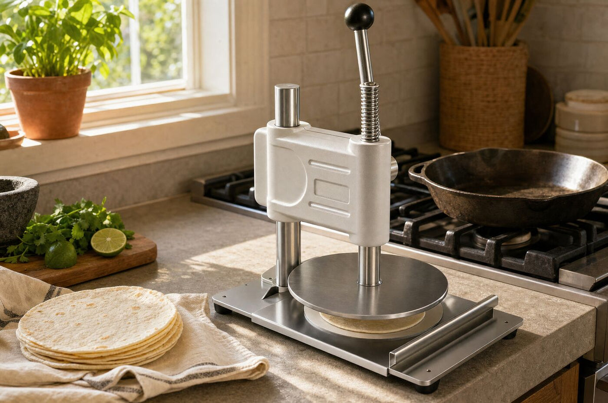 The press on a home kitchen bench with a stack of tortillas