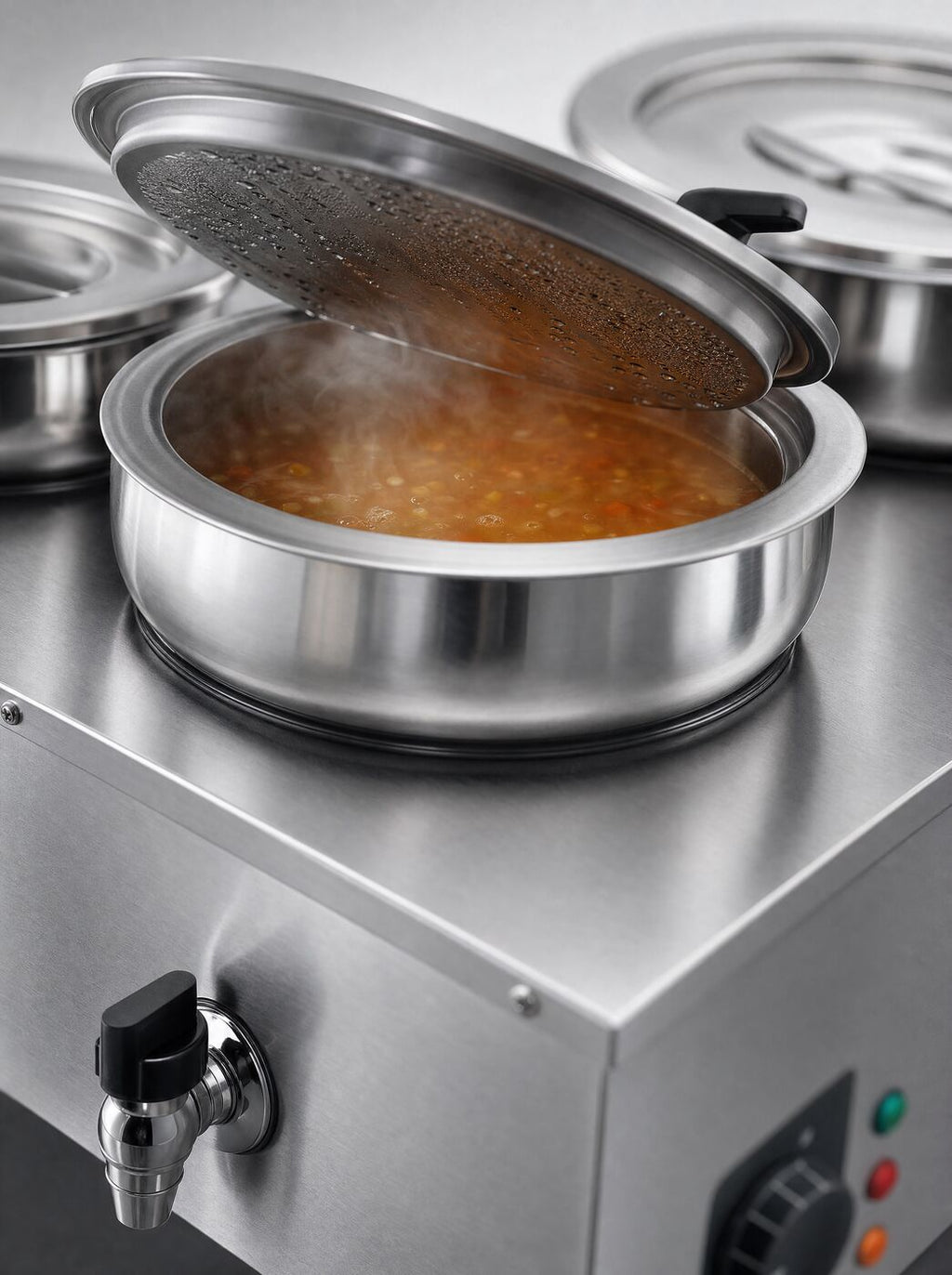 Close view of a lid lifted over a pot of steaming soup