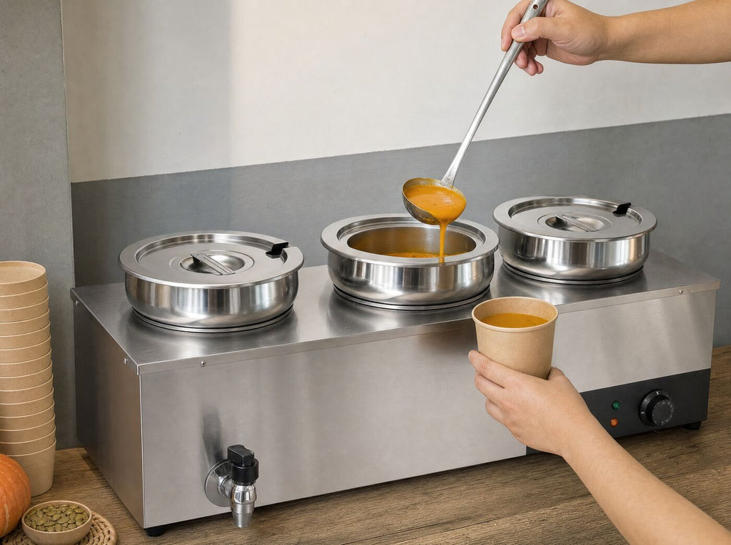 Soup being ladled from the warmer into a takeaway cup