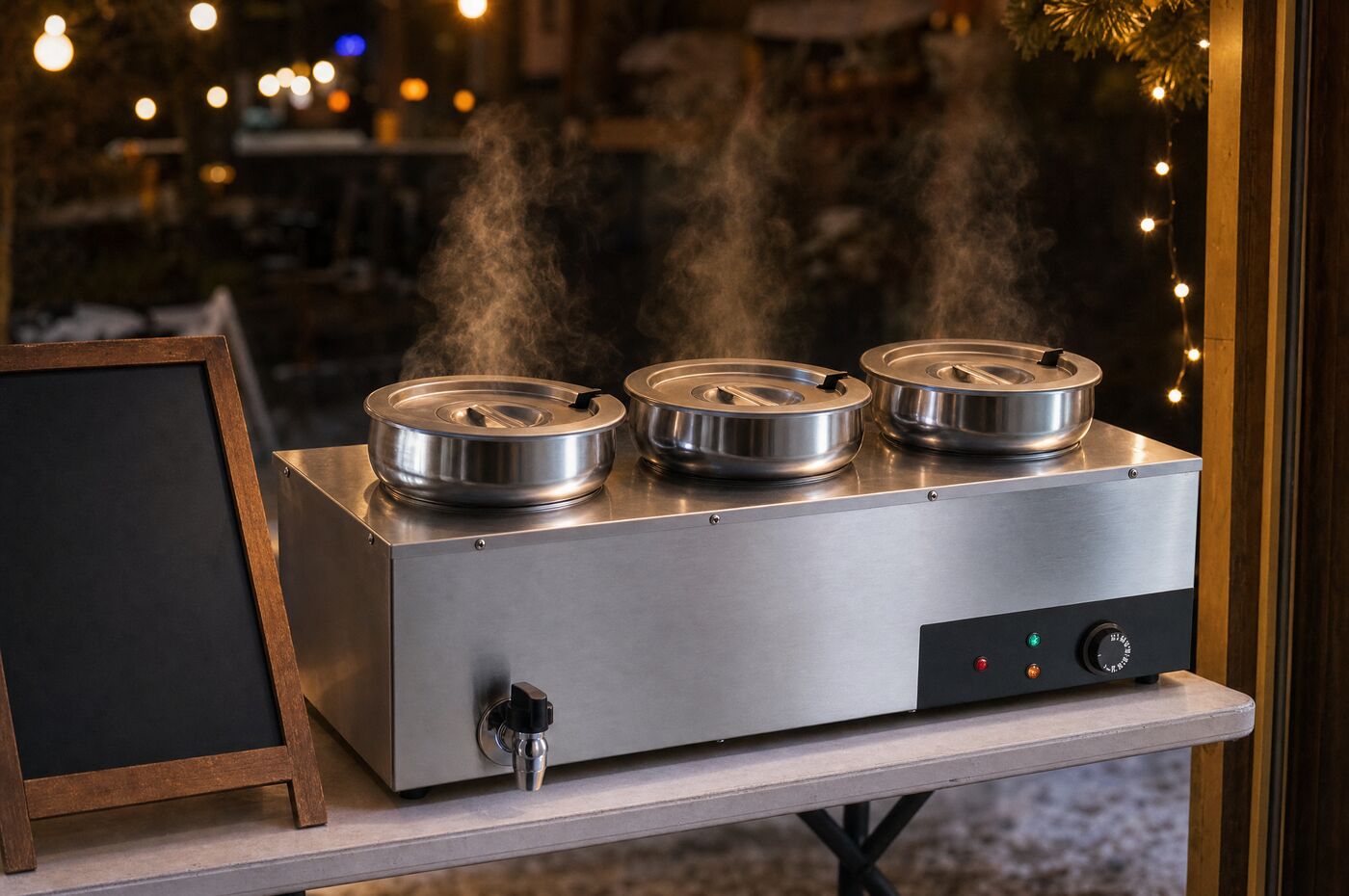 The soup warmer on a market stall table in the evening