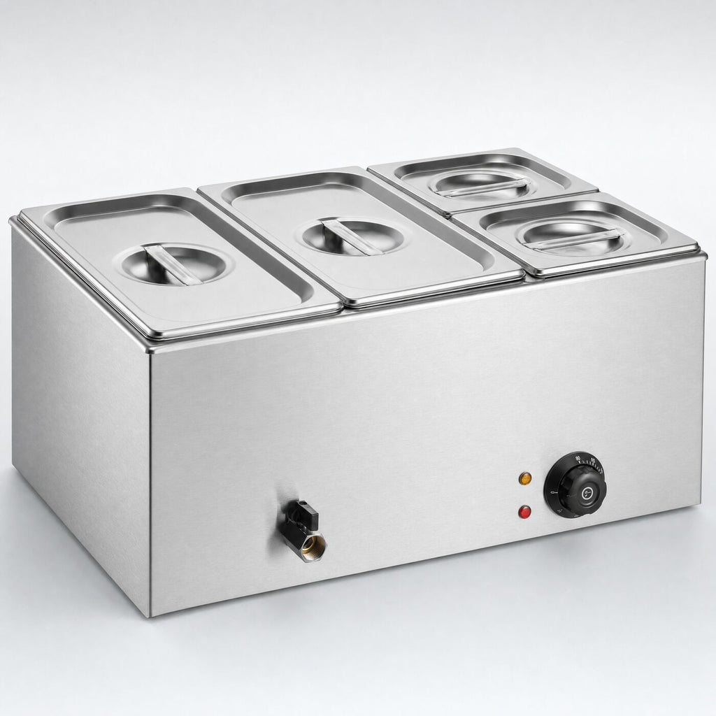 4 Pan Countertop Bain Marie, three-quarter studio view