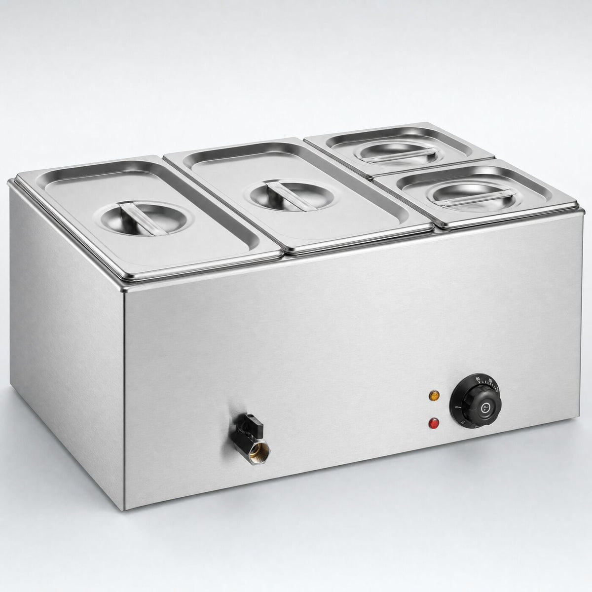 4 Pan Countertop Bain Marie, three-quarter studio view