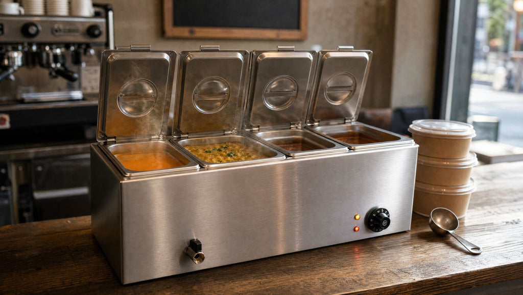 The bain marie on a cafe counter with lids up and steam rising from soup