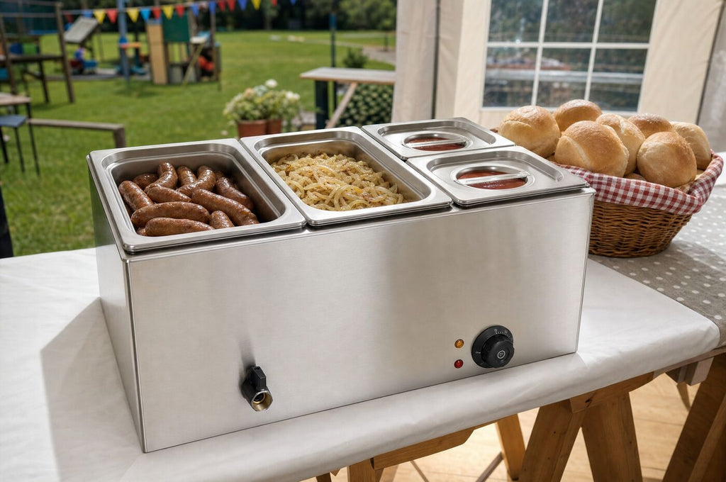 The bain marie on a trestle table at a fete holding sausages and sauce