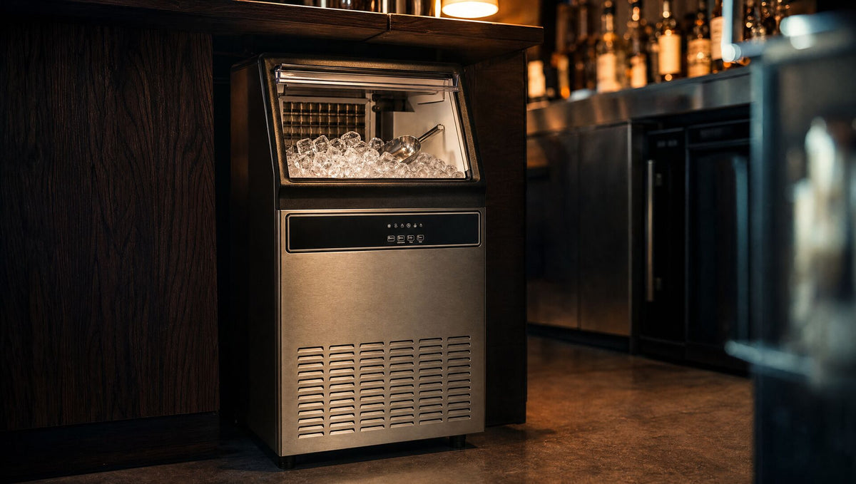 The ice maker under a bar counter with its bin open and a scoop in the ice