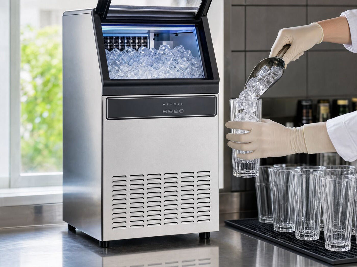A bartender scooping ice from the machine into a glass