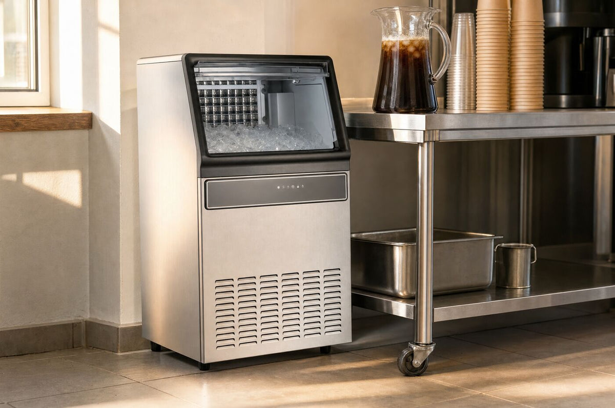 The ice maker beside a mobile work table in a cafe back room