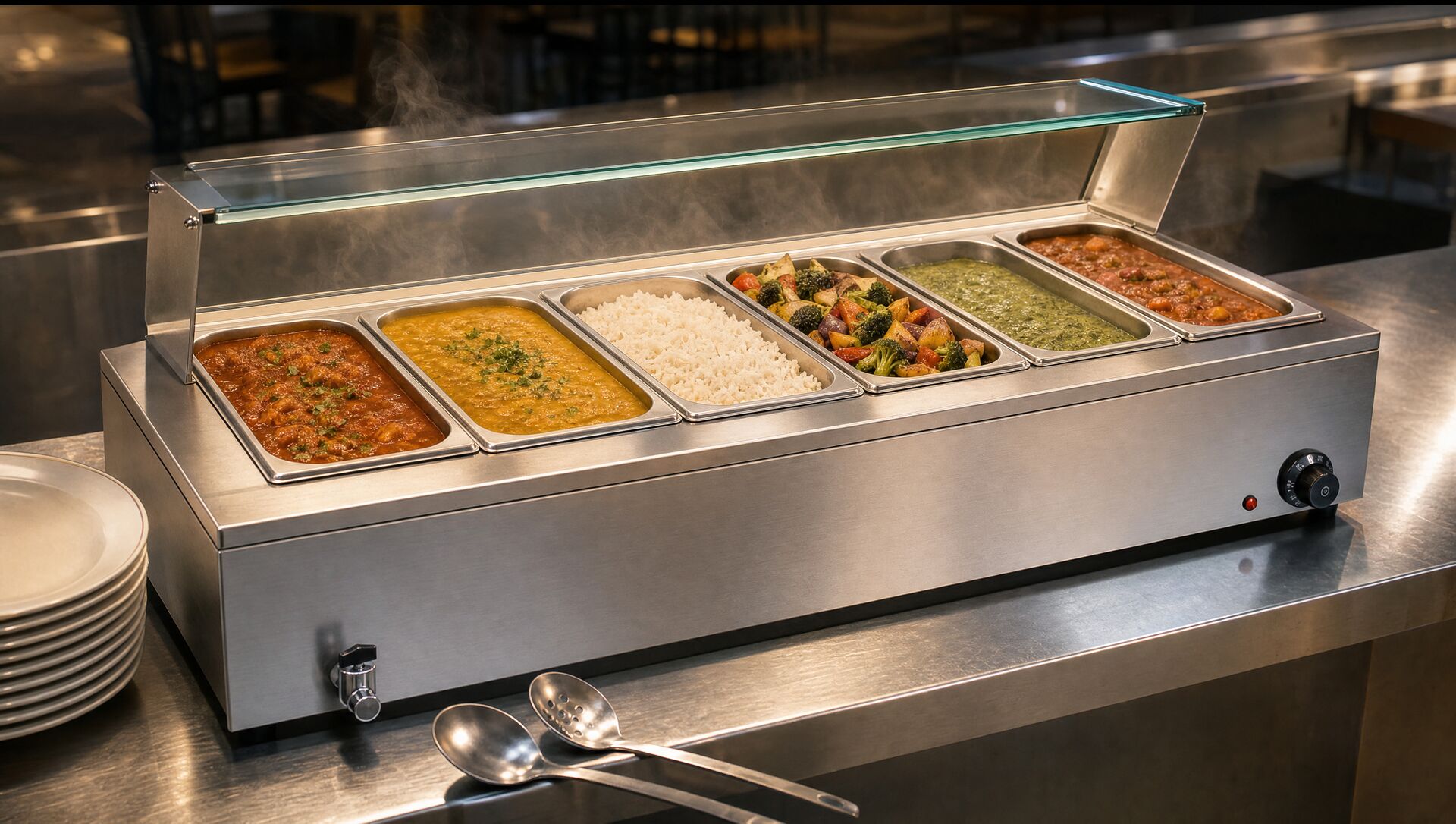 The bain marie on a canteen counter with six pans of food steaming under the glass