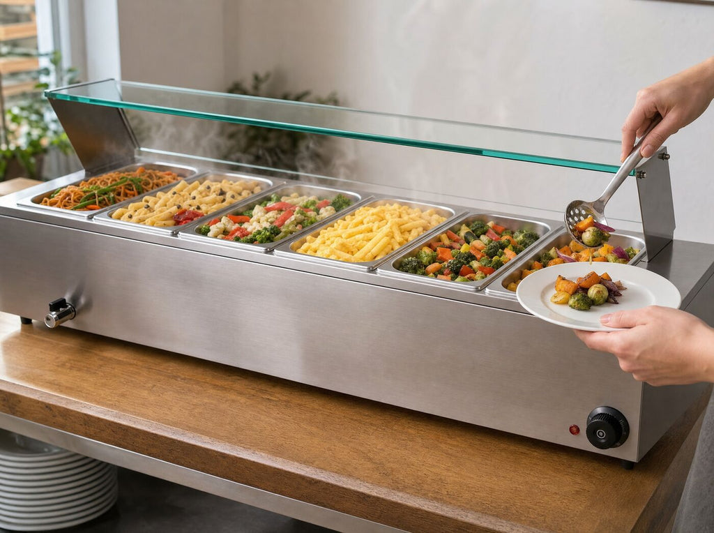 A server lifting vegetables from a pan with the perforated ladle