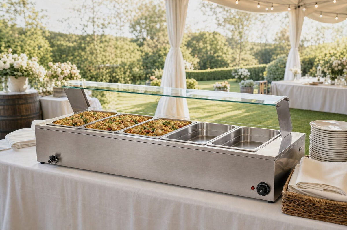 The bain marie set up on a trestle table at an outdoor buffet