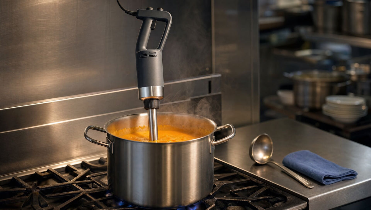 The blender standing in a stockpot of pumpkin soup on a restaurant range