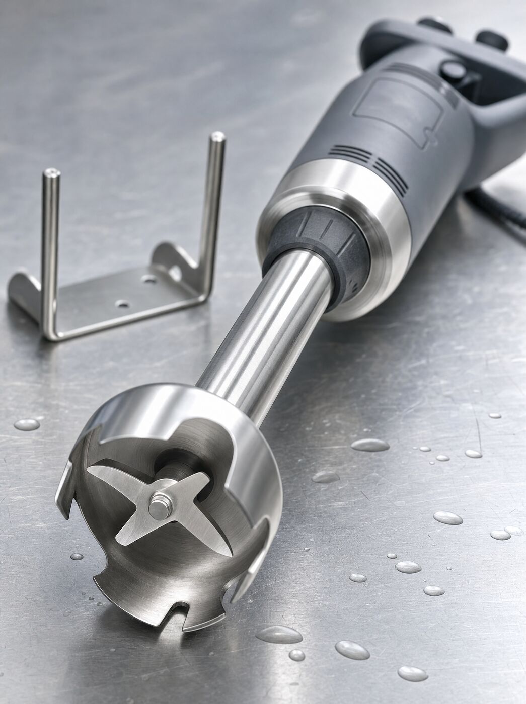 Close view of the stainless blade guard and blade