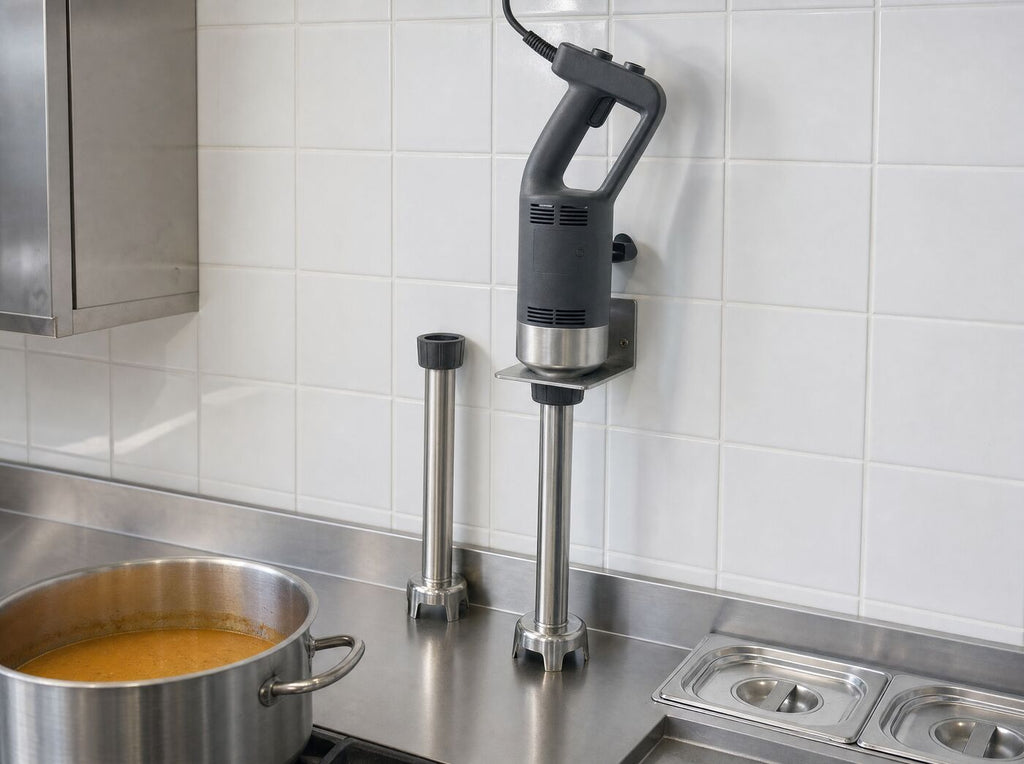 The blender hanging in its wall bracket above a stainless bench