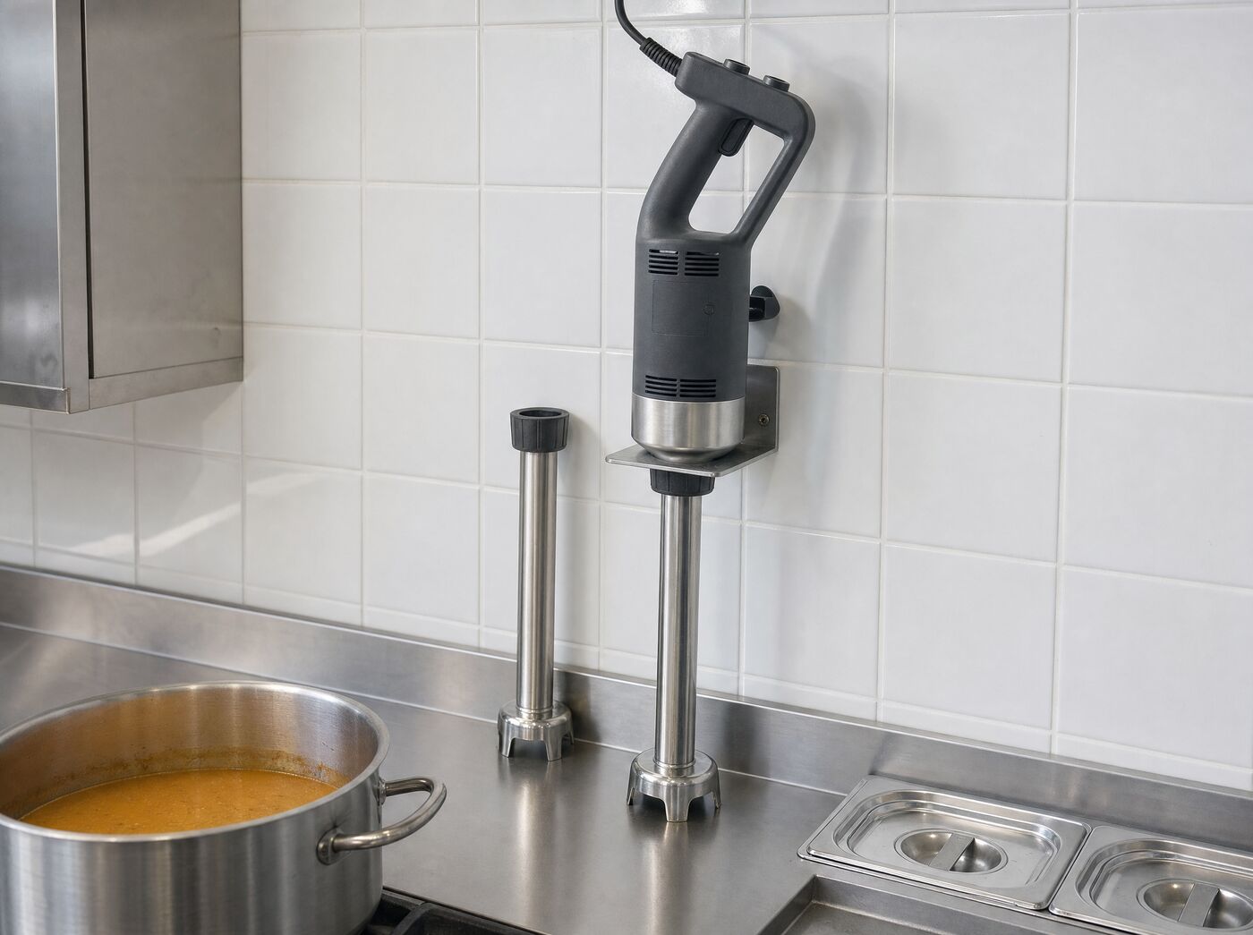 The blender hanging in its wall bracket above a stainless bench