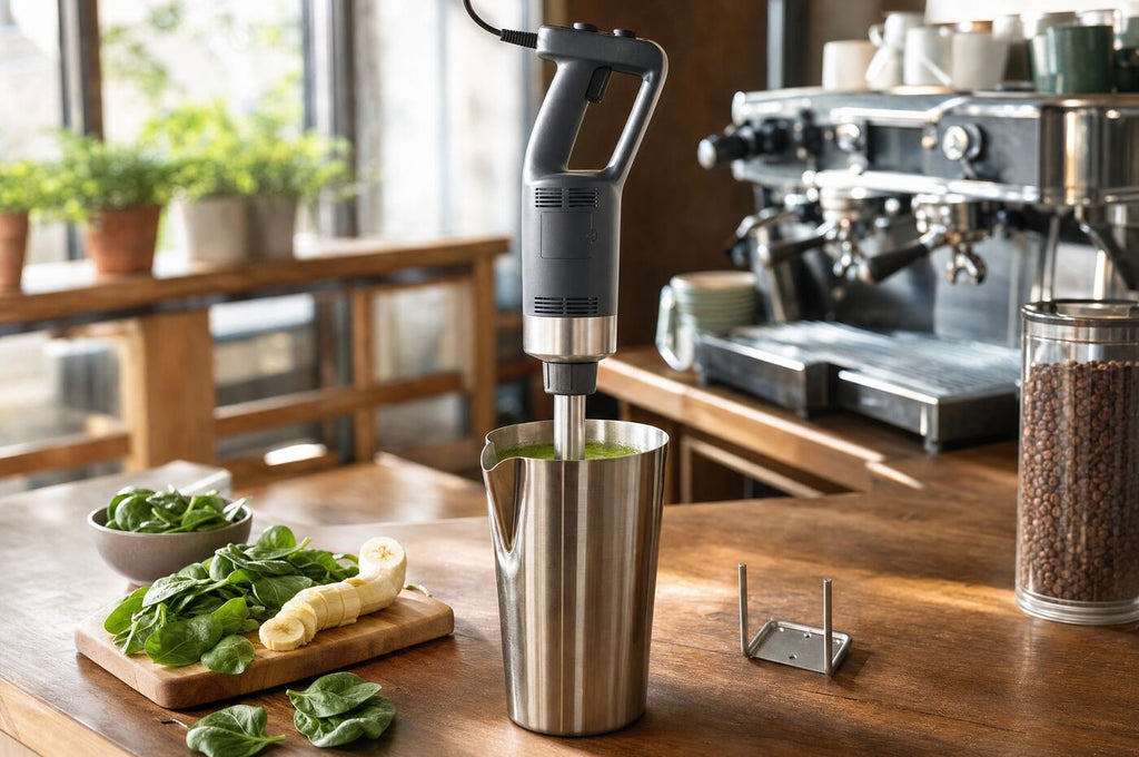 Blending a smoothie in a stainless jug on a cafe bench