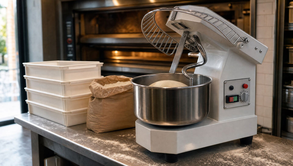 The spiral mixer on a floured pizzeria bench with a ball of dough in the bowl