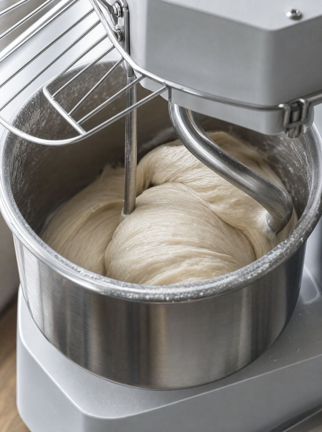 Close view into the bowl of dough winding around the spiral hook