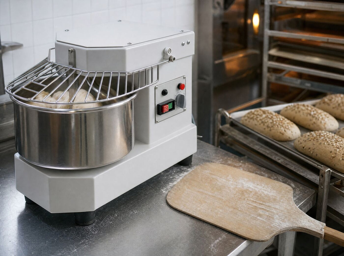 The mixer running mid-batch in a bakery with loaves on a rack beside it