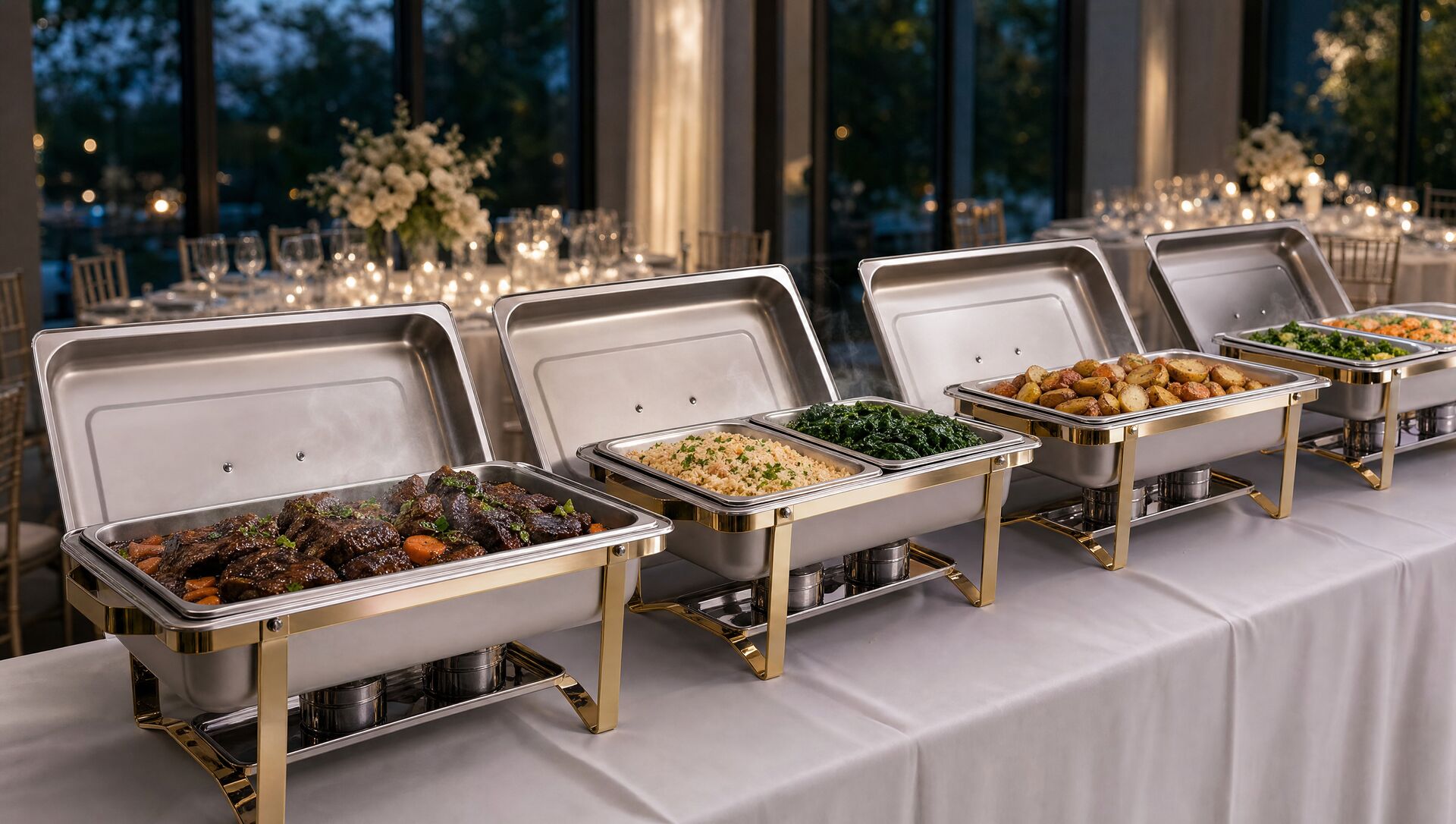 Four chafers on a linen buffet table with lids off and steam rising