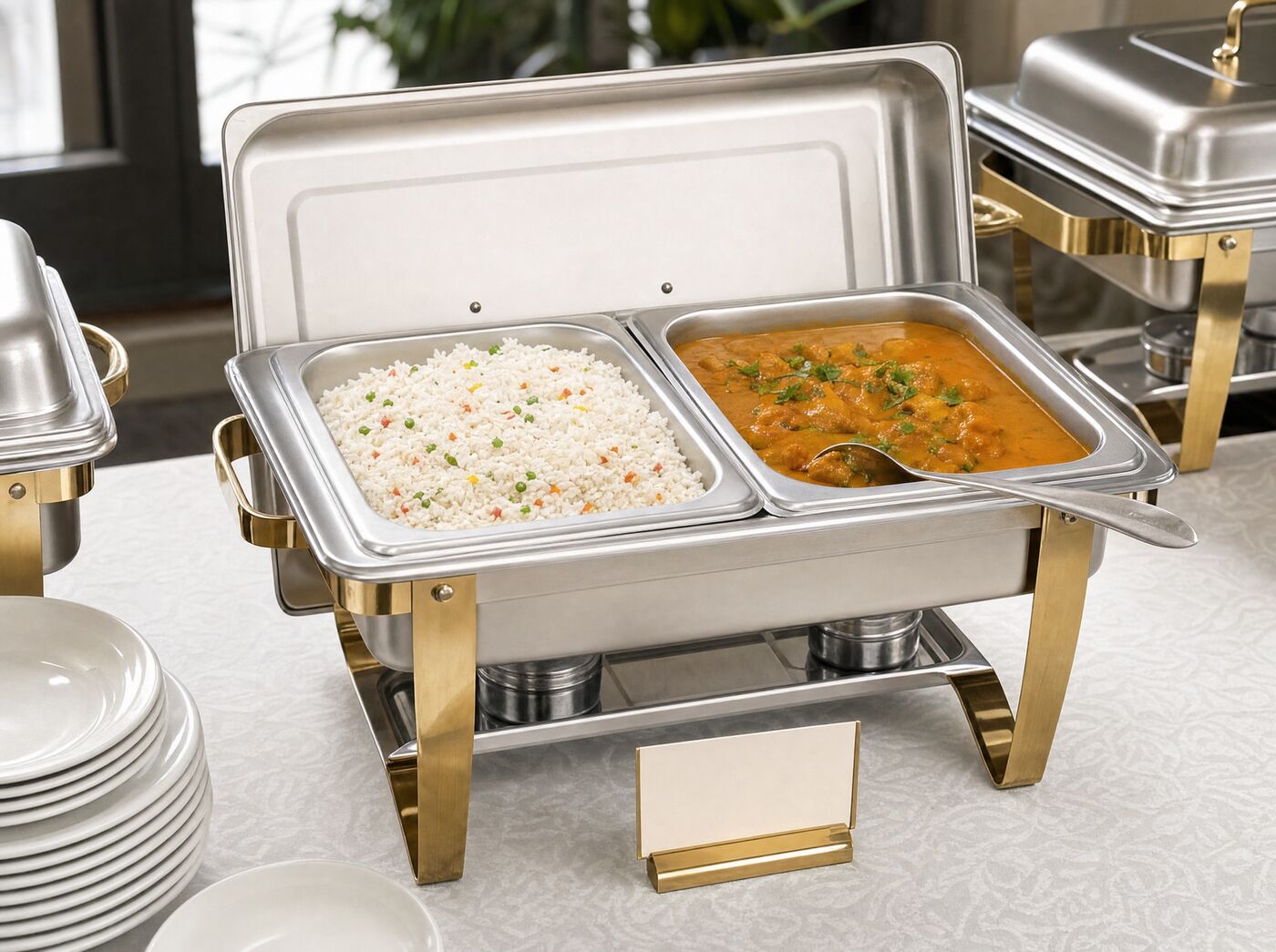A chafer holding two half pans of rice and curry, seen from above