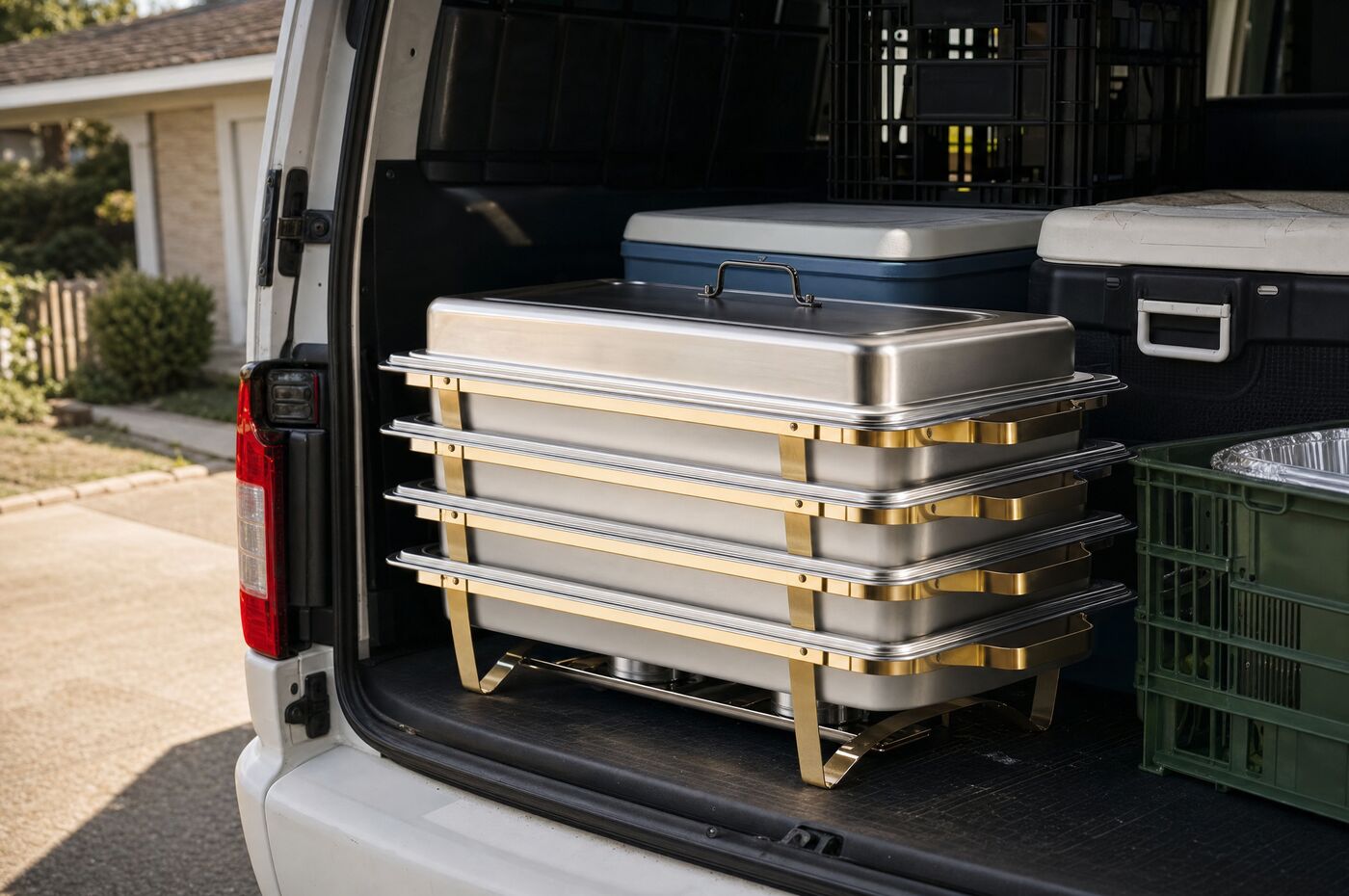 The set folded and nested in the back of a catering van