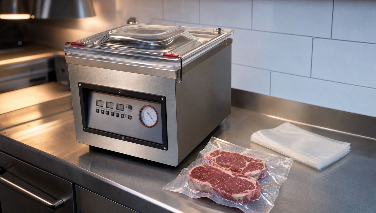 The chamber sealer on a prep bench with a sealed bag of steaks in front