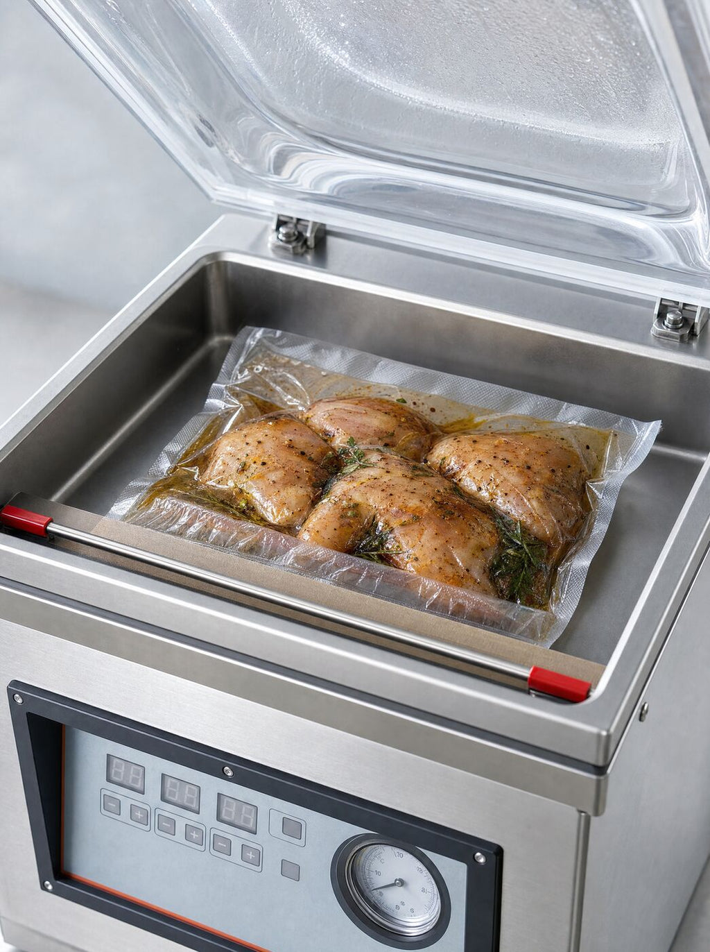Close view into the open chamber with a bag of marinade across the seal bar