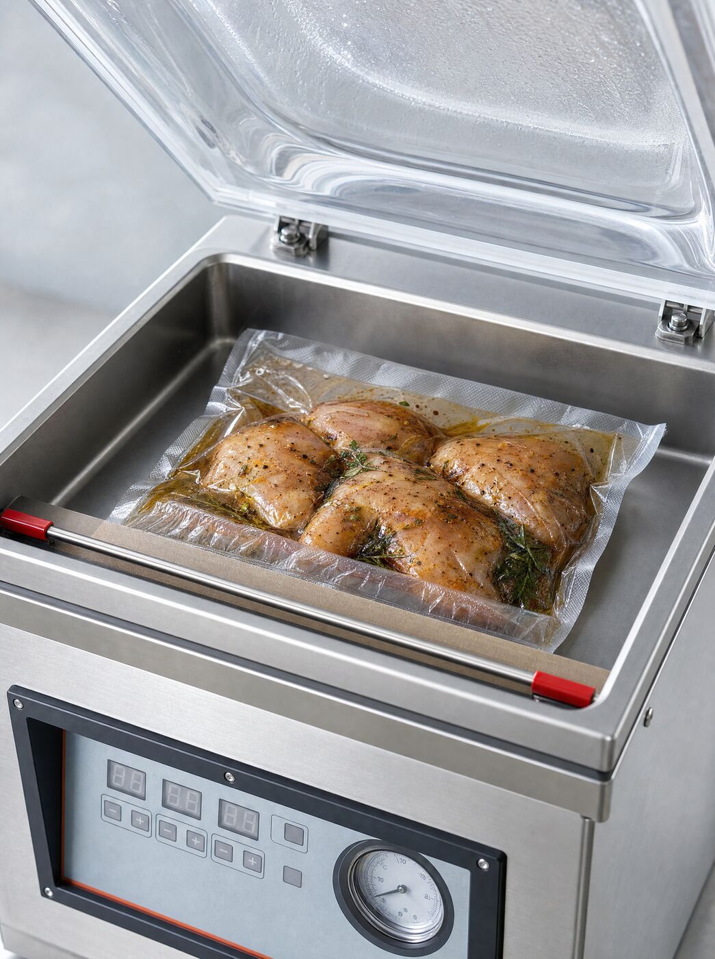 Close view into the open chamber with a bag of marinade across the seal bar